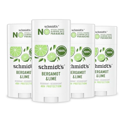 Schmidt's Desodorante natural sin aluminio para mujeres y hombres, bergamota y lima con protección contra olores las 24 horas, certificado libre de crueldad, desodorante vegano, 2.6 onzas, paquete de