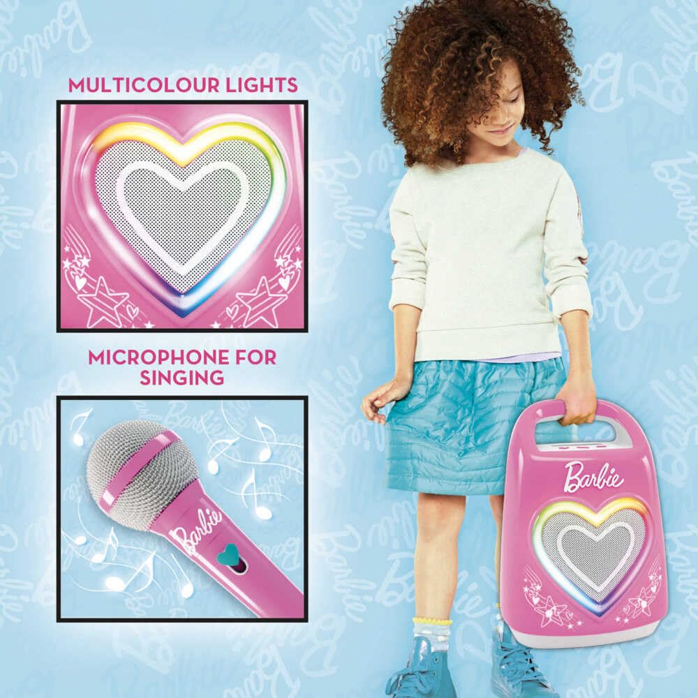 Lisciani - BARBIE PARTYMAKER - Altavoz y Micrófono High Tech - Karaoke para Niños a partir de 4 años - Micrófono y Altavoz Bluetooth - Conectividad con Smartphone - Efectos de luz - Música y Fiesta