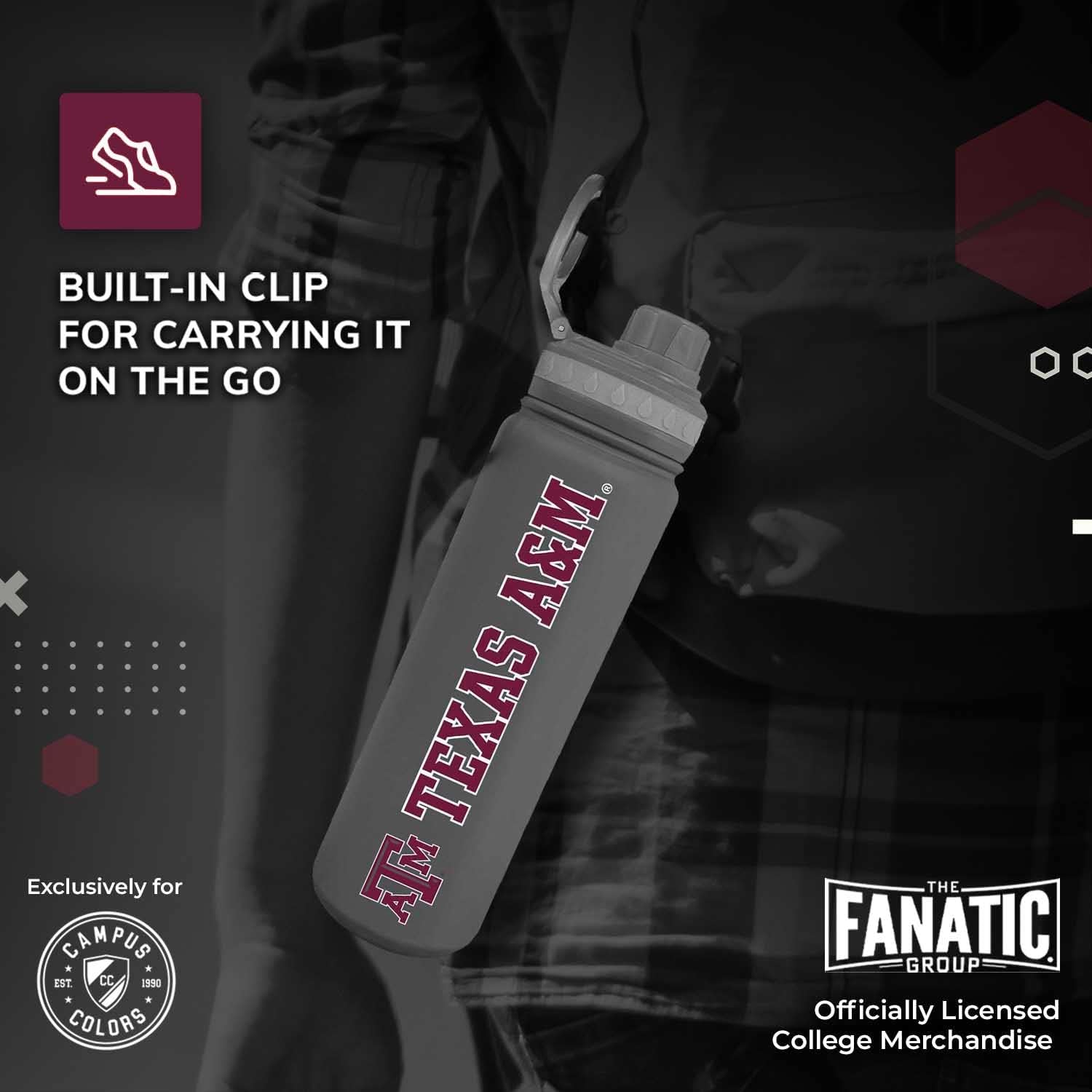 Campus Colors NCAA Stainless Steel Water Bottle - Twist on cap - 24 oz - Carry Clip - Keeps Your Drinks Hot or Cold for Hours (Texas A&M Aggies - Sport Gray)