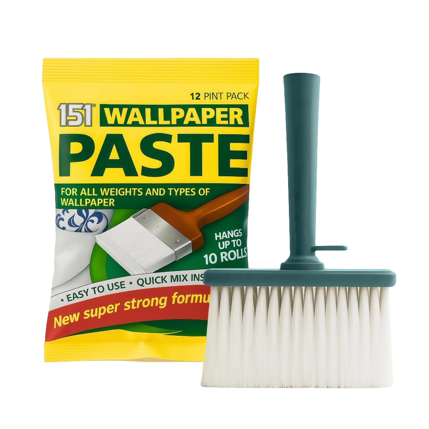 Wallpaper Paste & Brush Set Extra Strong Adhesive Quick Mix Formula for Vinyl Heavy Smooth Textured & Lined Walls Easy DIY & Professional Application 200g (12 Pints)