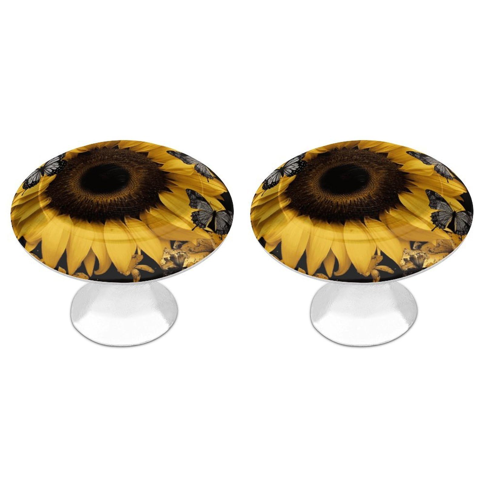 FekiLoot Butterfly and Sunflower Cabinet Knobs 2 Pack Stainless Steel Round Dresser Drawer Knobs Kitchen Drawer Hardware Dresser Knob Closet Door Pulls Cabinet Handles for Cupboard Drawer Pulls