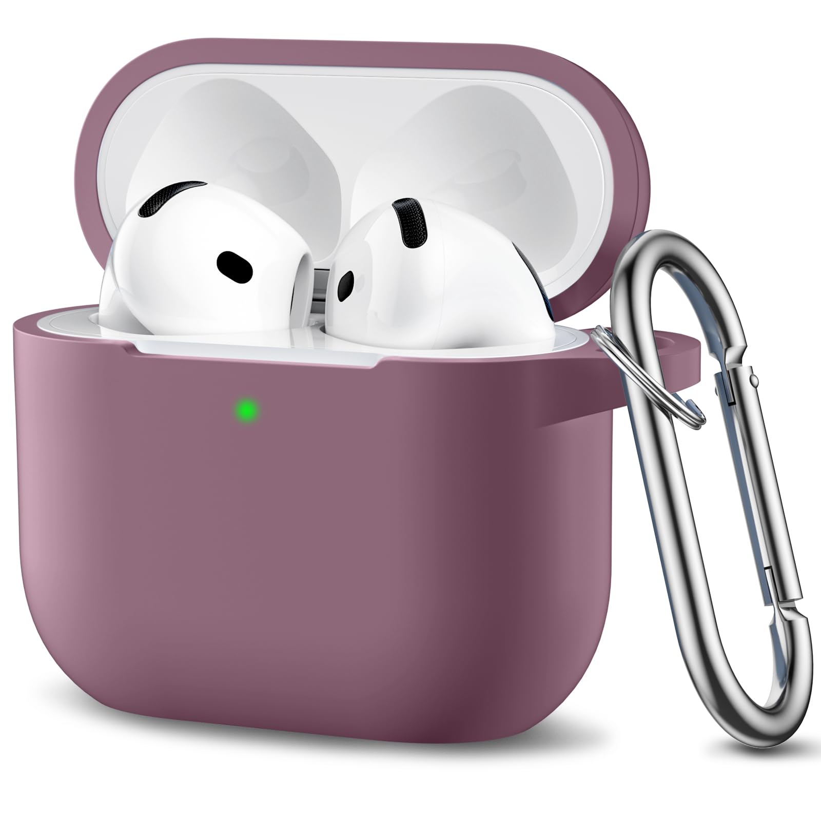 Ouwegaga Cover per Airpods 4 2024, Silicone Custodia per Airpods 4 Generazione, Protezione Completa del Corpo Cover Compatìbile con Apple Airpods 4 Case, con Moschettone, Fumo Viola