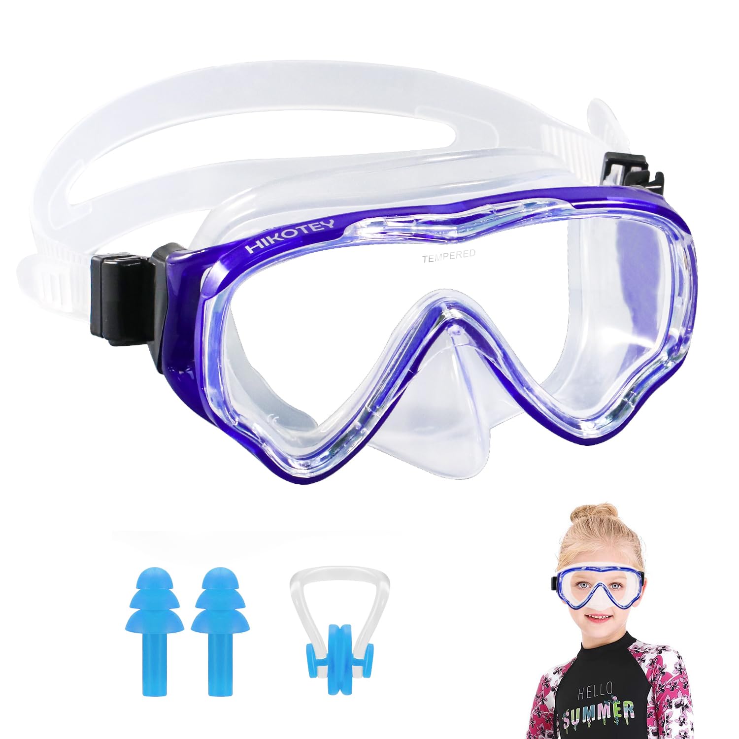 HIKOTEY Children's Diving Goggles (4-16Years),180°Panoramic View Diving Mask With Tempered Glass Lenses,Anti-fog, Anti-leak Technology,Adjustable Silicone Strap,Includes Earplugs,Nose Clip (Dark Blue)