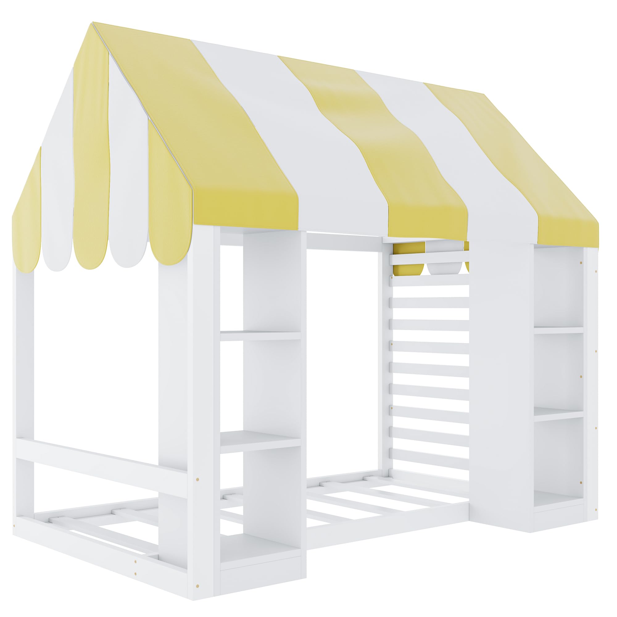 Kinderbett im Landhausstil, 90 x 200 cm, mit Himmelbett, offenem Stauraum vorne und Holzrahmen, weiß