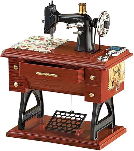 Collections Etc Caja de música de mesa de máquina de coser antigua animada completa con tela, tijeras y pedal de pisada, reproduce Fur Elise