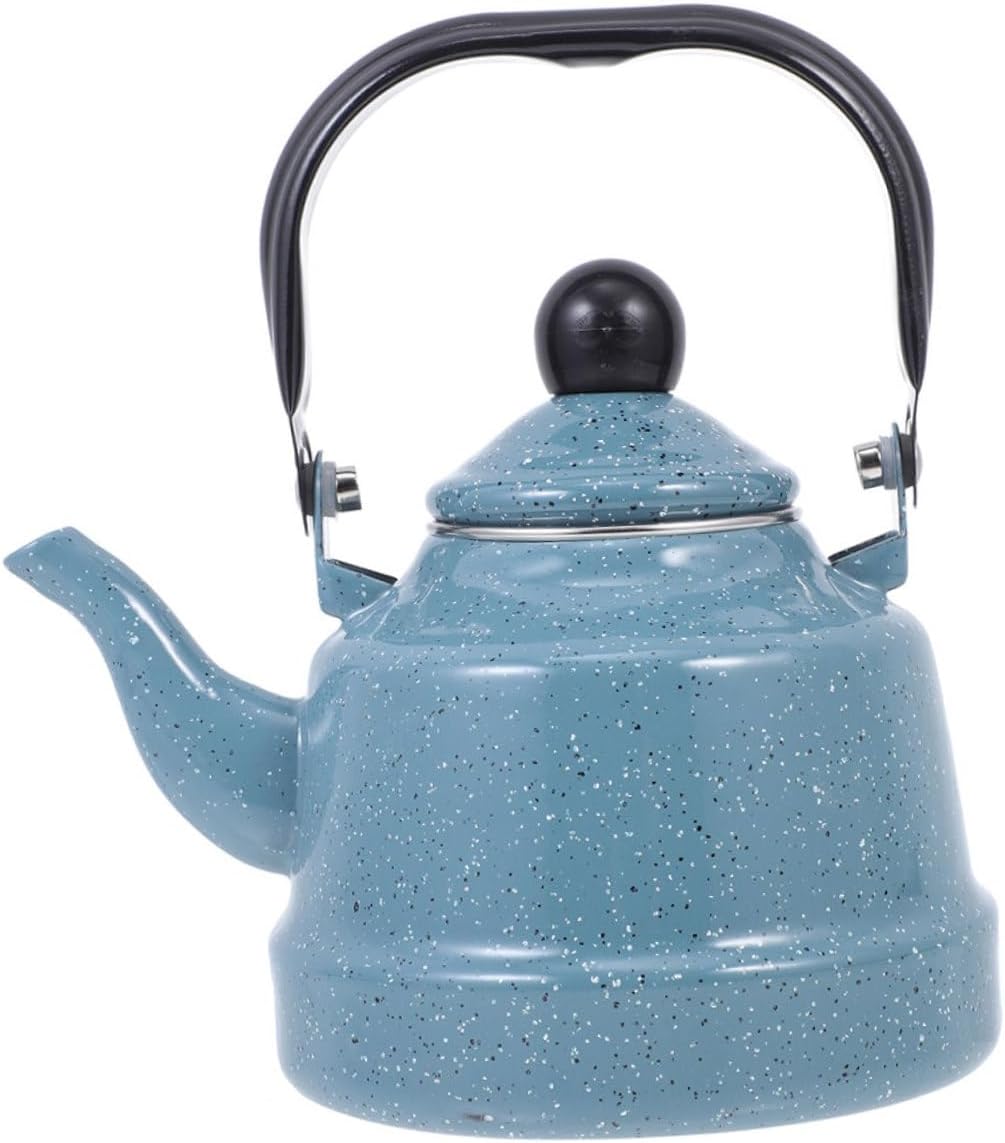 DOITOOL Vintage Enamel Teapot Stove Top Kettle with Anti-scald Handle and Smooth Pour Spout Decorative Tea Kettle for Home and Tea House Easy to Maintain Green Speckled Design