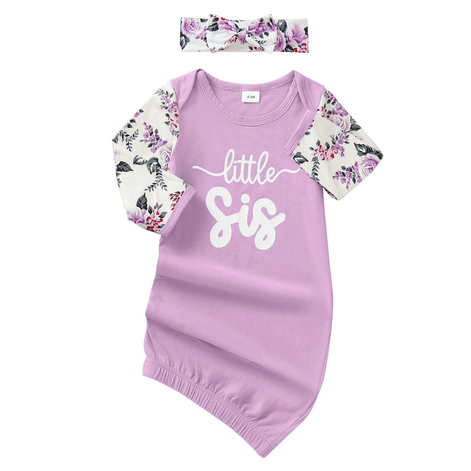 AMAWMW Newborn Baby Girl Little Sister Sleeper Gown Stripe Long Sleeve Nightgown Pajamas Gifts Stuff Essential Outfit T Purple Floral Sleeve 0-6 Months