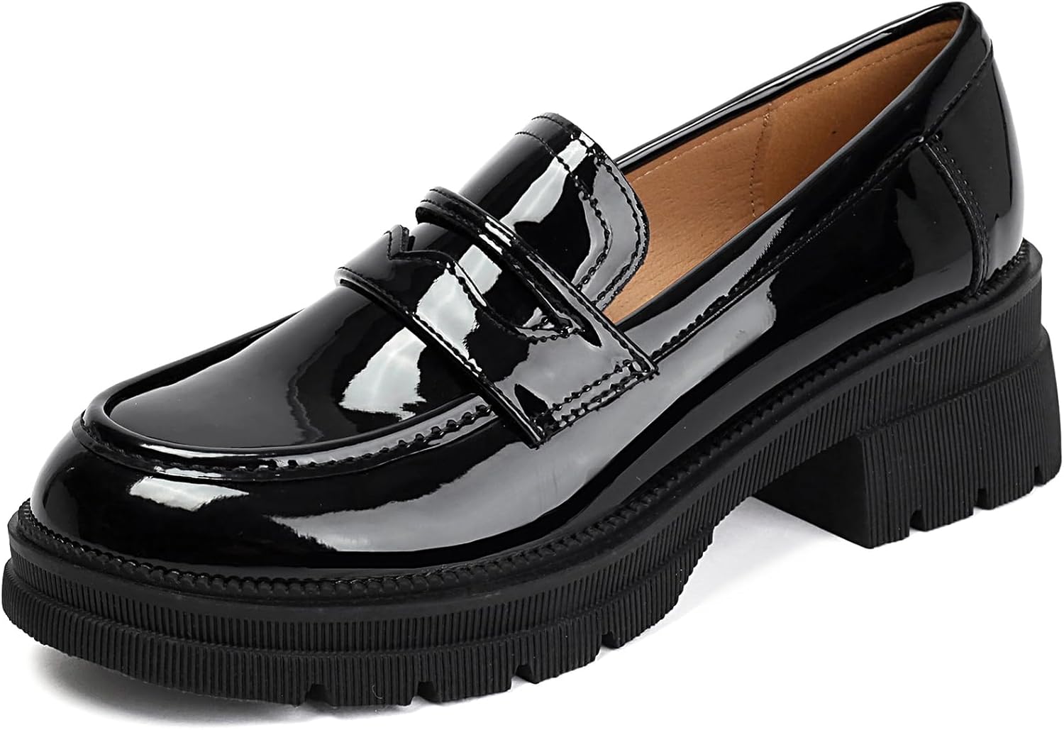 MASIKA Black Platform Loafers for Women - Women's Fashion Slip-On Leather Loafers, Chunky Shoes for Work & Dressy Occasions.