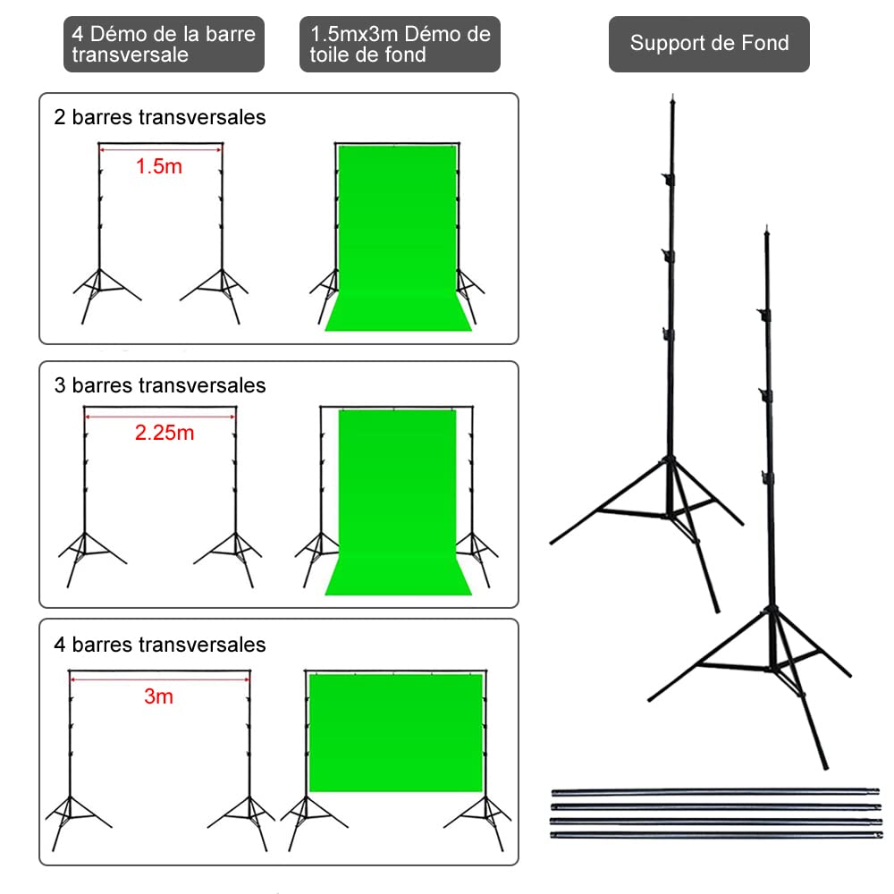 Bonnlo 2 x 3 m Support de Fond Photo, Support Toile de Fond Réglable avec 3 Pinces, Un Sac de Transport et 2 Sacs de Sable, pour Professionnel Fond Studio Photo, Photographie Portrait.