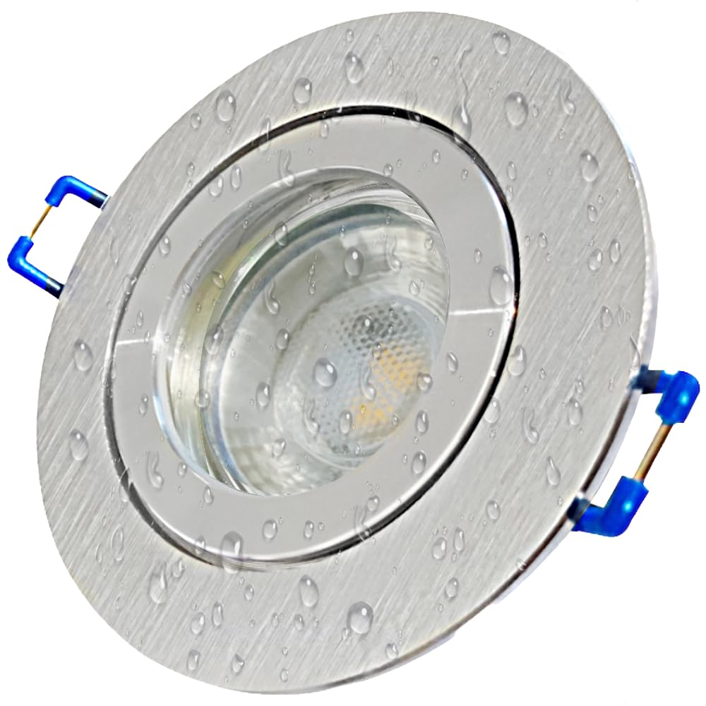 Rolux LED Einbauspots 12V Set IP44 für Bad & Küche – 5er Set Aluminium gebürstet mit Chromring & Trafo – 3W 250lm 3000K Warmweiß – MR16-AMP-Kabel 120 cm – Bohrloch Ø 60–68 mm, Einbautiefe 55 mm