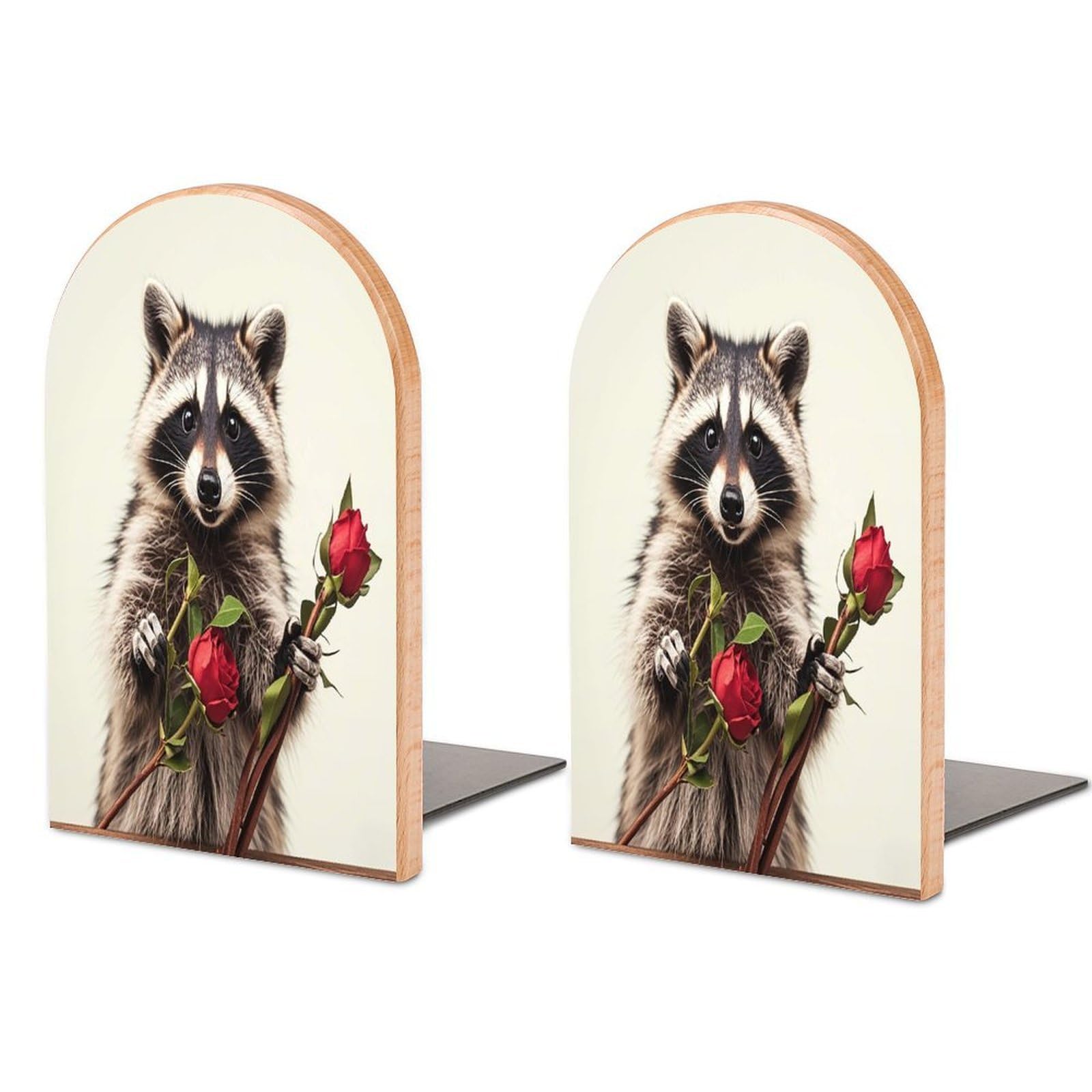 Funny Raccoon Bookend Non-Skid Wooden Bookends for Shelves Heavy Duty Wood Book Ends Decorative Book Stopper Book Stand Non-Slip Book Organizer for Home Office Library