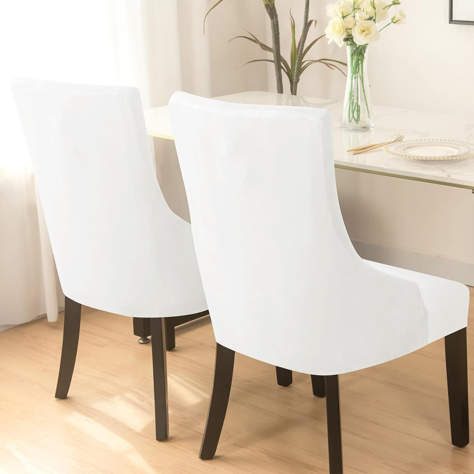 Coprisedia in velluto con schienale alto e schienale alto, elasticizzato, lavabile, per cucina e banchetti (bianco, set di 4)