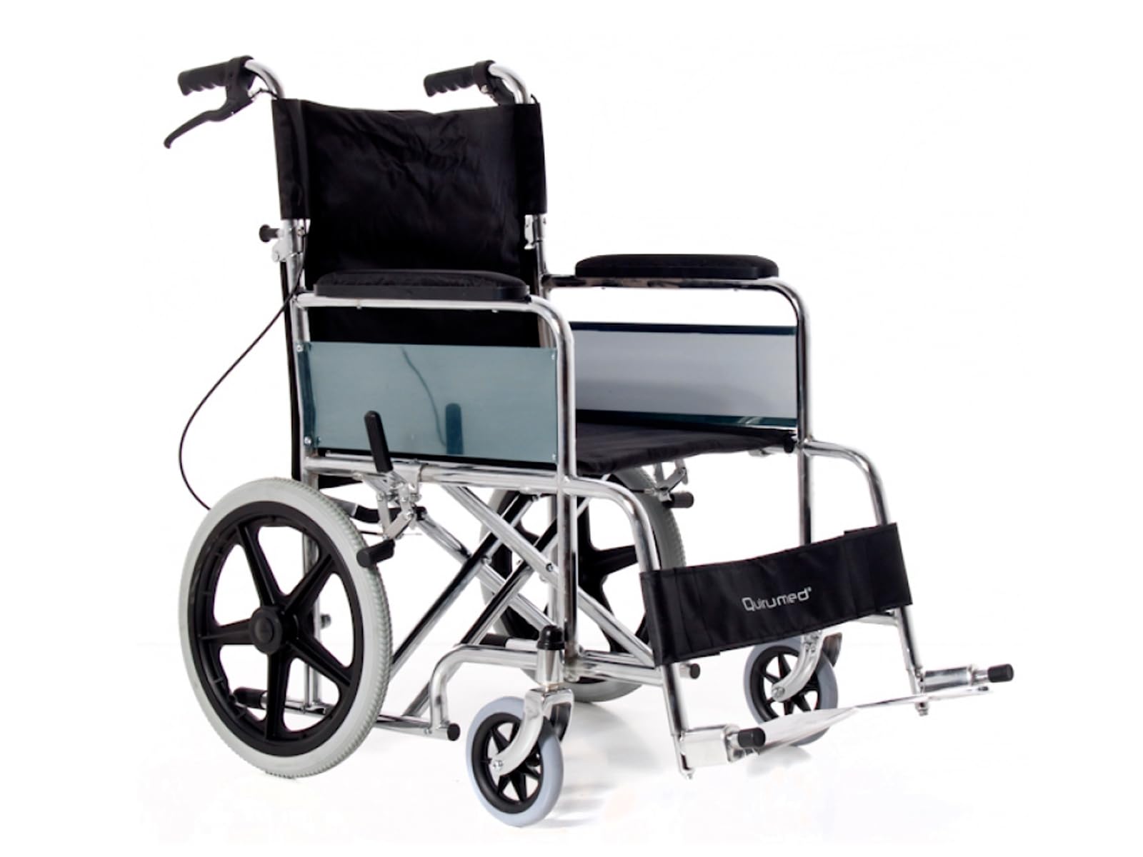 QUIRUMED Silla de ruedas plegable de acero cromado para transporte, traslado, Ligera, Frenos de maneta y frenos de mano, Respaldo abatible, Fácil plegado, Para mayores, Para minusválidos