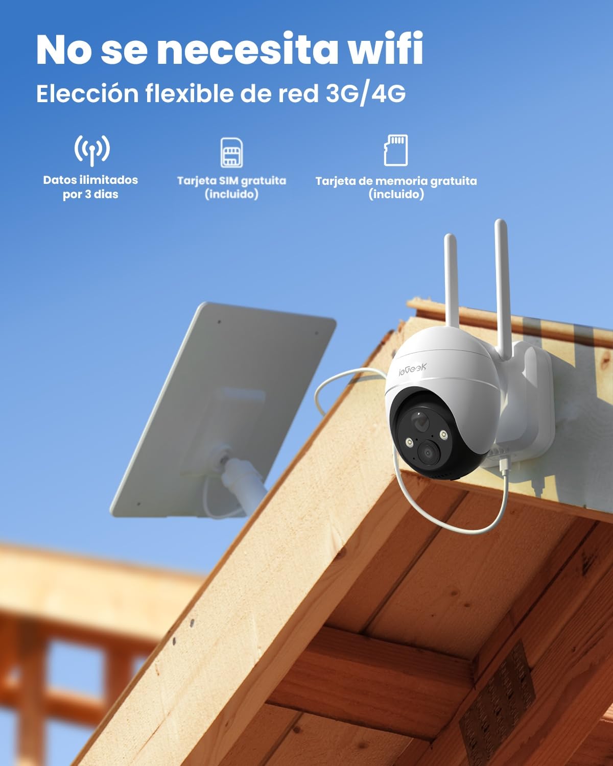 ieGeek 4G/3G LTE Cámara Vigilancia Exterior Solar Inalámbrica, 2K IP Cámara Tarjeta SIM con Batería 10000mAh, Visión Nocturna Color, PIR Detección Humana, PTZ 355°120°, Alarma de Luz y Sonido