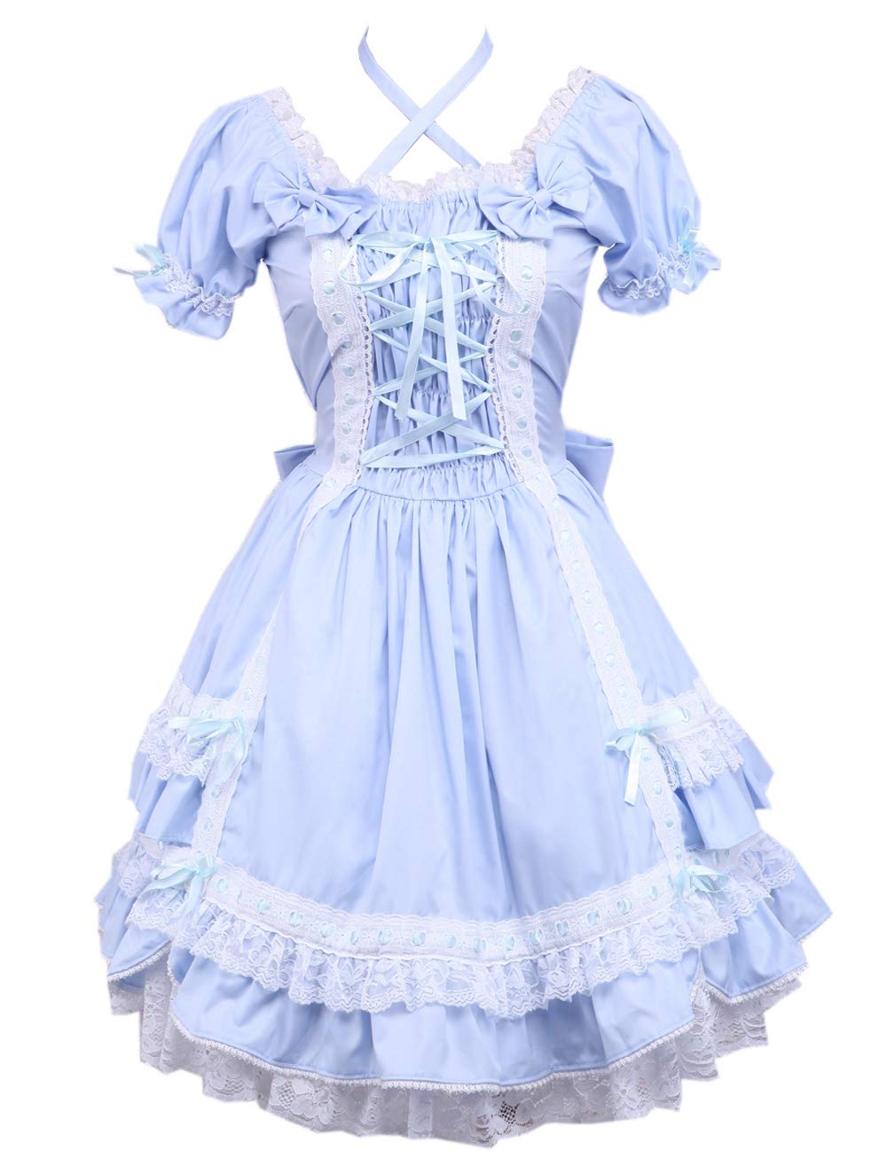 An*Tai*Na* Women's Blue Antaina Cotton Ruffle Lace Neck Strip Sweet Victorian Lolita Cosplay Dress,M