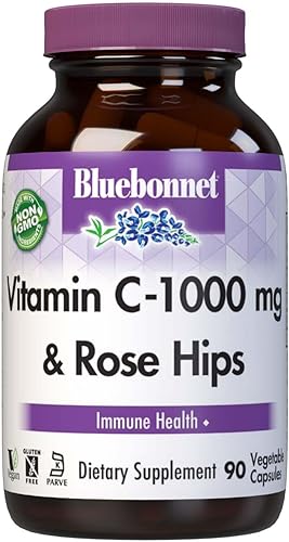 Bluebonnet Nutrition Vitamina C-1000 mg Plus Rose Hips cápsulas vegetales para salud inmune para protección antioxidante sin soja sin gluten sin OMG