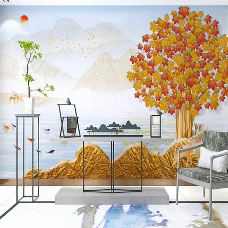 Papier peint paysage d'arbre doré relief 3D pour masquer un mur vide