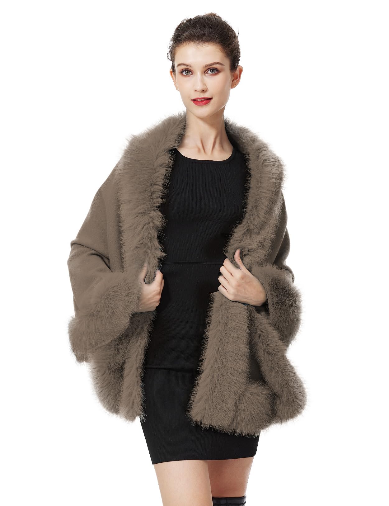 BEAUTELICATE Châle Tricoté Étole en Fausse Fourrure Cape Poncho Chaud De Femme Mariage Hiver sur Robe de Soirée Mariée(Taille Unique, Tissu Amélioré-Kaki)