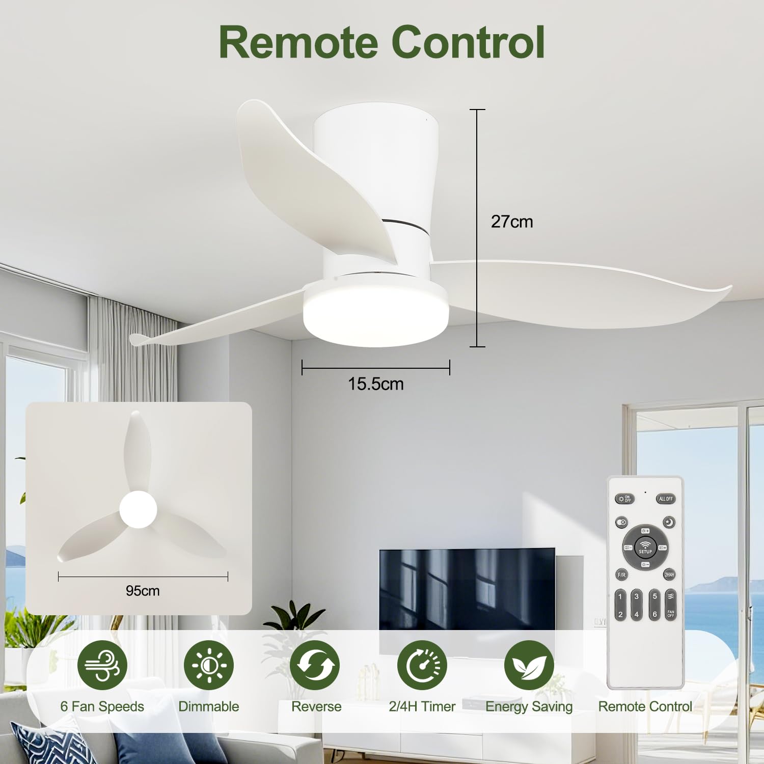 Ventilador Techo con Luz y Mando a Distancia - 95CM Lámpara Ventilador Silenciosa 6 Velocidades Dc Reversible Ventilador Plafón Temporizado Para Salón Dormitorio Comedor