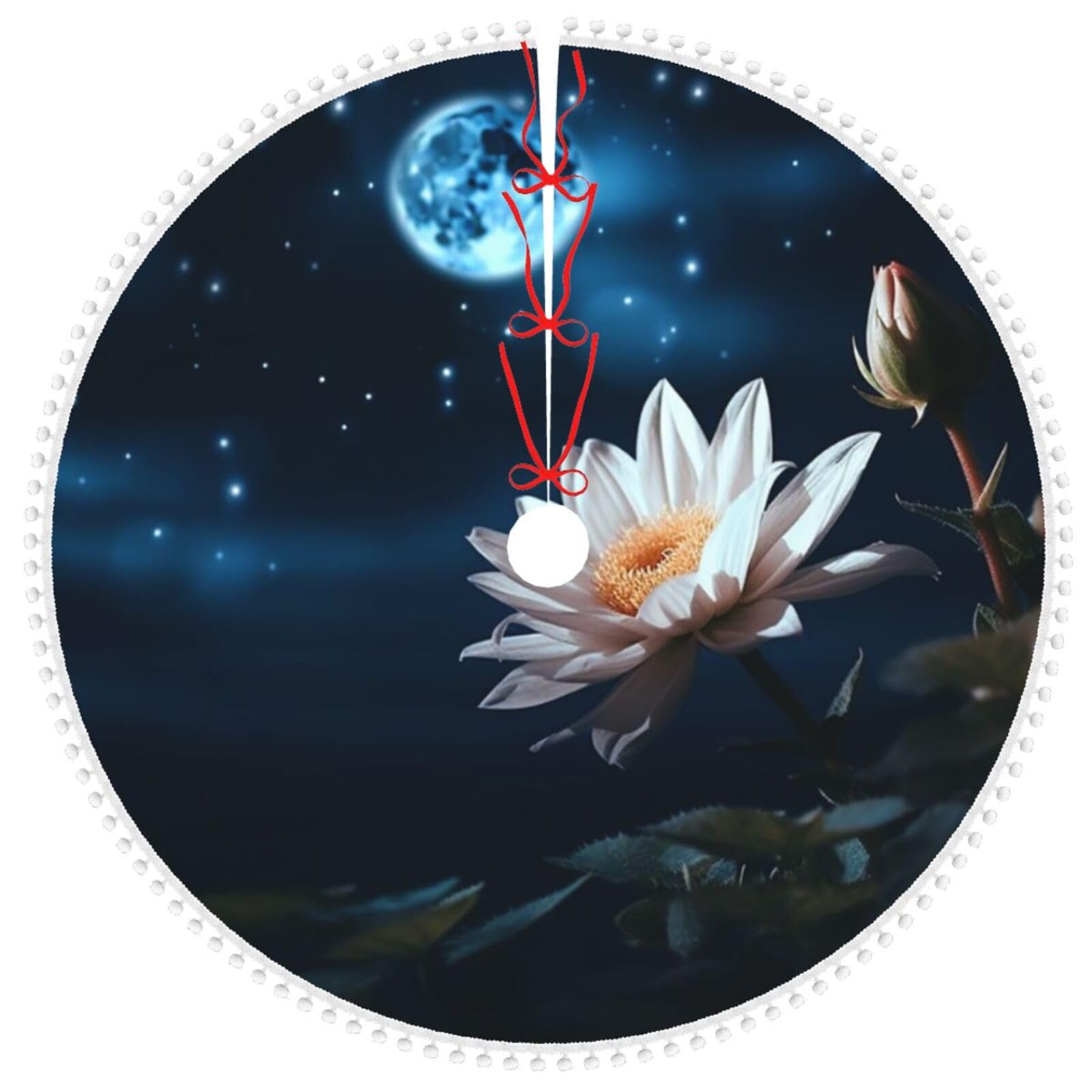 Jupe de sapin de Noël forme fleur lune et bordure pompons double couche