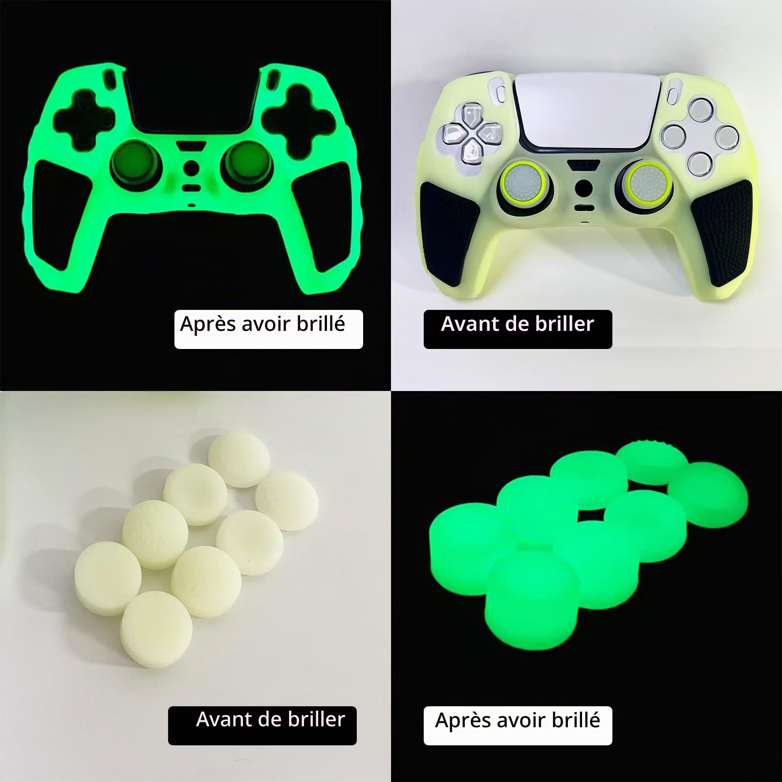 Peau de contrôleur PS5 Verte Qui Brille dans Le Noir, Housse de Protection en Silicone cloutée et épaisse, poignées compatibles avec la Manette PS5 avec 10 Capuchons de poignées