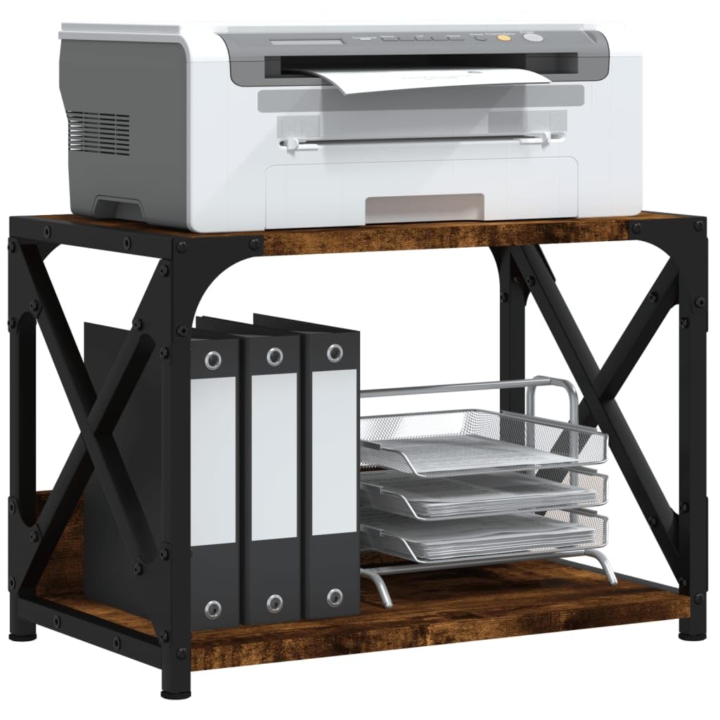 Supporto per stampante con 2 ripiani, supporto da scrivania in legno e struttura in metallo, rovere affumicato, 44 x 26 x 31,5 cm, gambe regolabili per stabilità, multifunzione