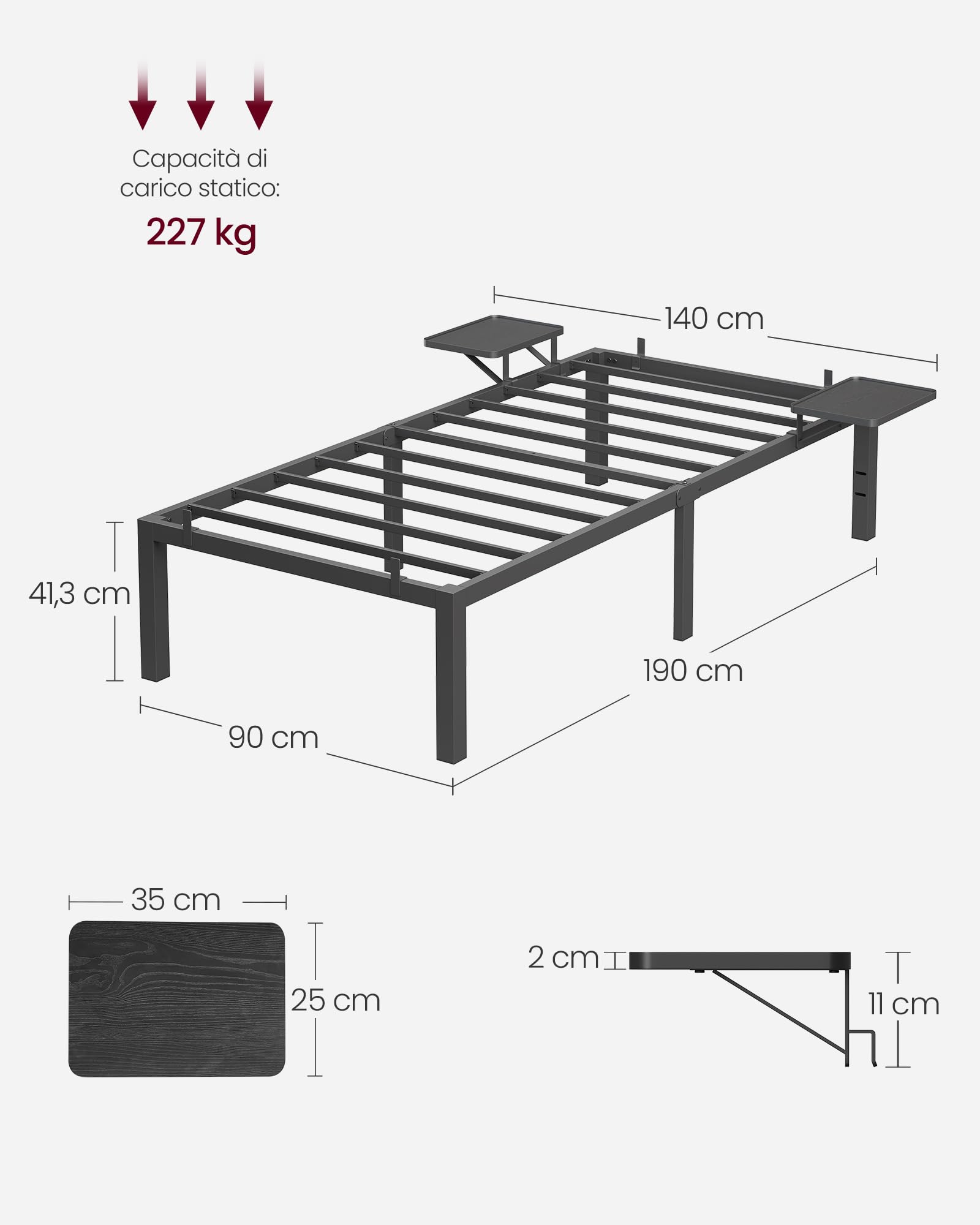 VASAGLE Struttura Letto Singolo, Telaio Letto in Metallo con Ripiani Portaoggetti, per Materassi da 90 x 190 cm, Montaggio Facile, Nero Inchiostro RMB091B01