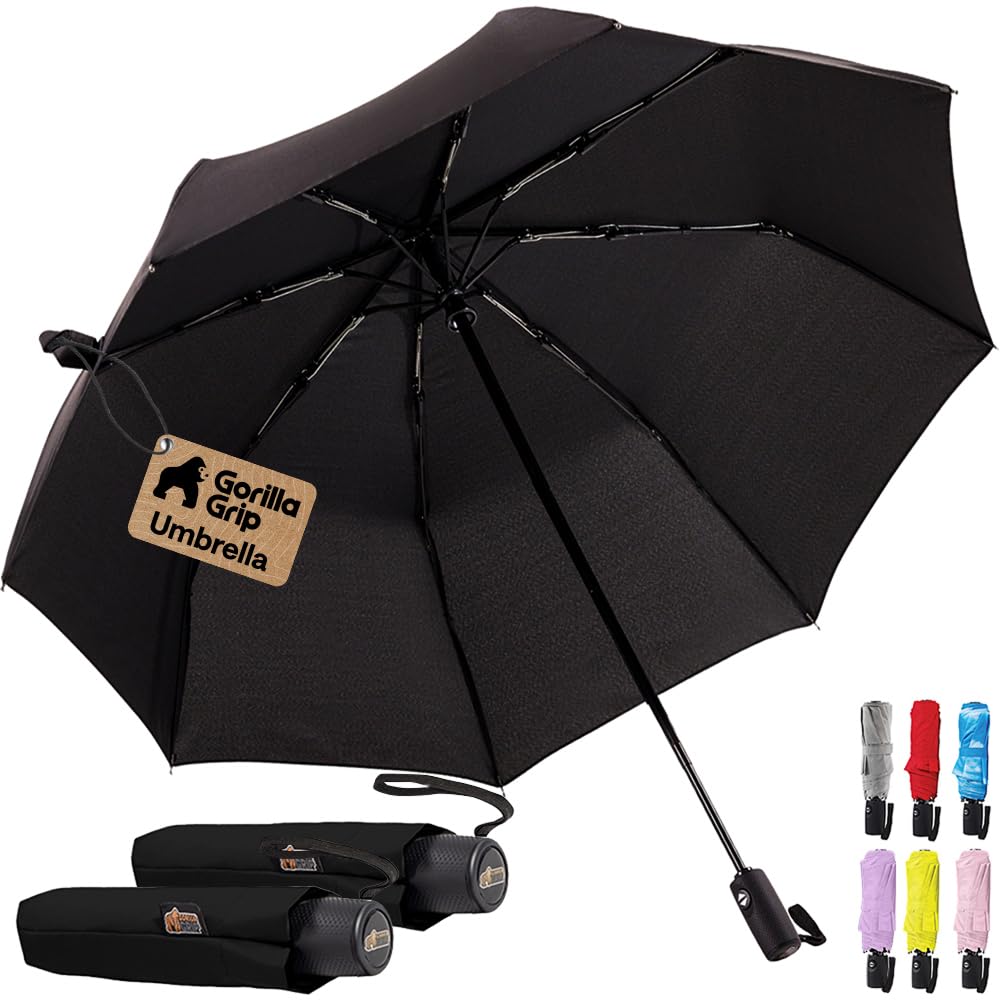 GORILLA GRIP Compact Travel Size Umbrella for Rain, 2 Pack, Black