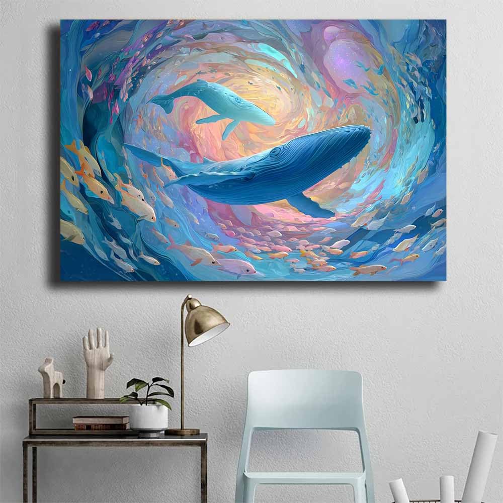 WUFIEA Ogólny abstrakcyjny obraz na płótnie wieloryb i wir morski do salonu sypialni biura dekoracja (niebieski 50) - 60 x 80 cm oprawiony