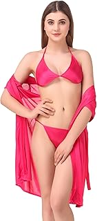 romaisa Women's Satin Solid Above Knee Length Robe with Bra and Thong (Size - Free Size) (Nightwear Set Pack of 3)-picture-34