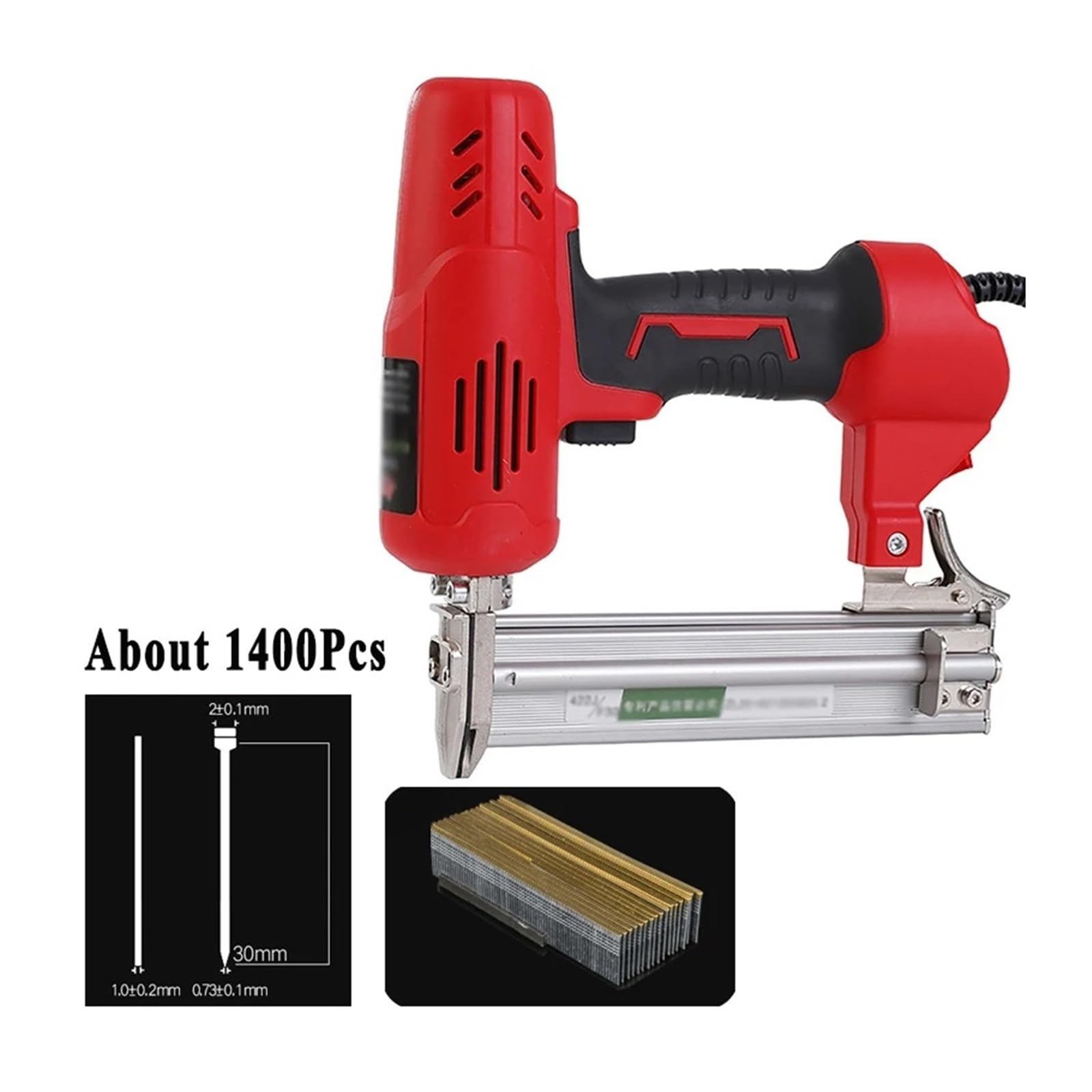 Pistolet do Gwoździ, 2600W Elektryczny Pistolet Do Gwoździ DIY Meble Drewniana A Zszywacz Elektronarzędzie Gwoździe Stolarstwo Budowlane Narzędzia Do Gwoździ Do Obróbki Drewna(Red with 1400Pcs)