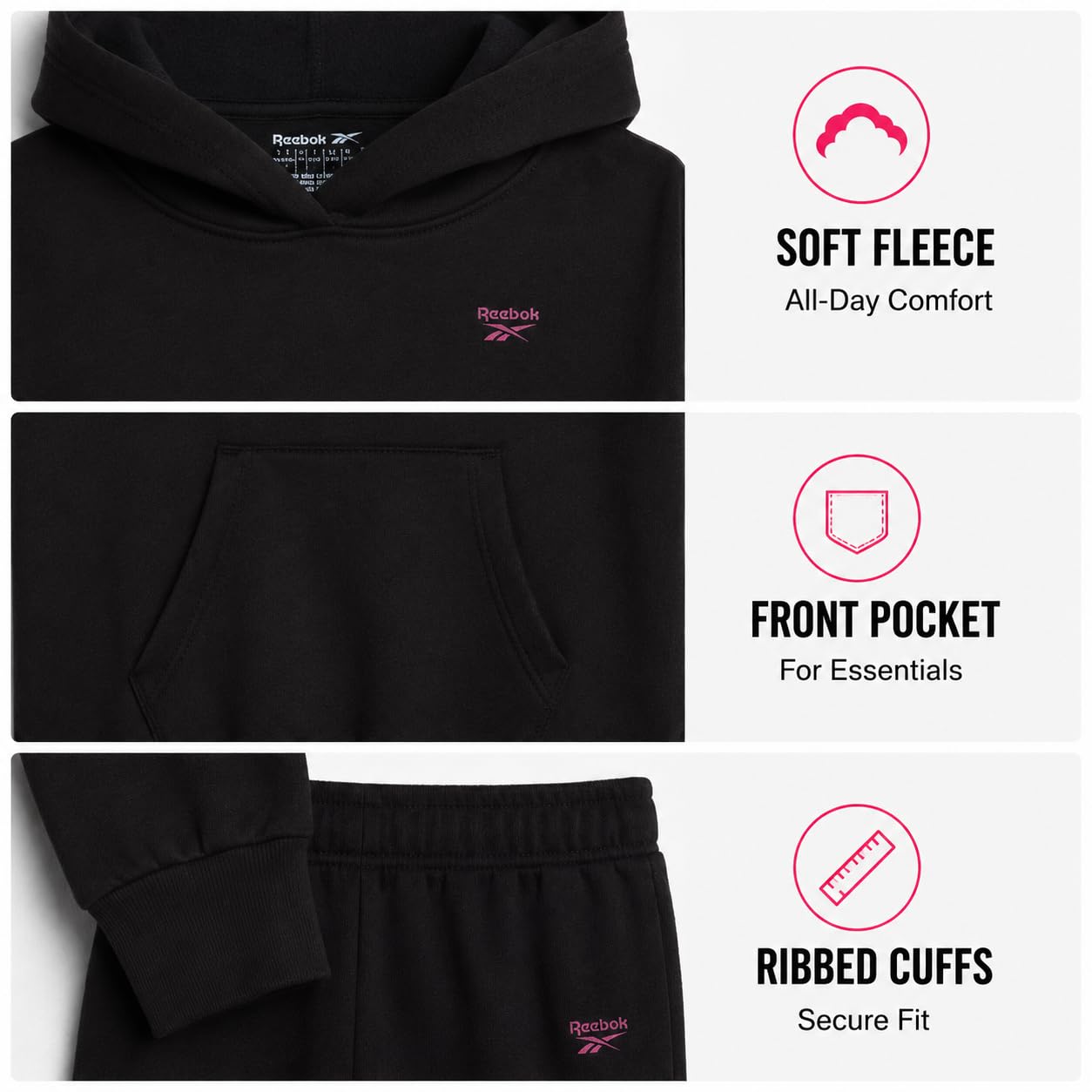 Reebok Ensemble de survêtement 2 pièces doux à manches longues et pantalon de survêtement pour filles – Survêtement athlétique