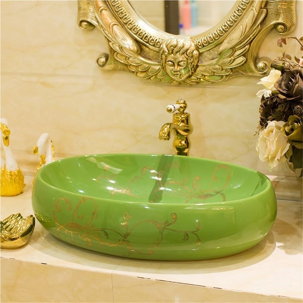 Zlewozmywak naczyniowy Ceramiczna umywalka łazienkowa nablatowa, artystyczna owalna(Green)
