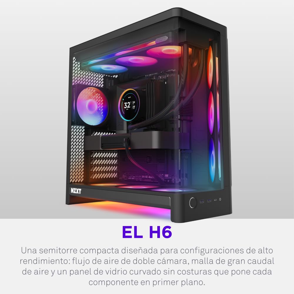 NZXT H6 - Caja PC ATX Compacta Doble Cámara - Negro | Caja ATX de doble cámara compatible con hasta 10 ventiladores de 120mm y radiadores de 360mm, y placa base back-connect.