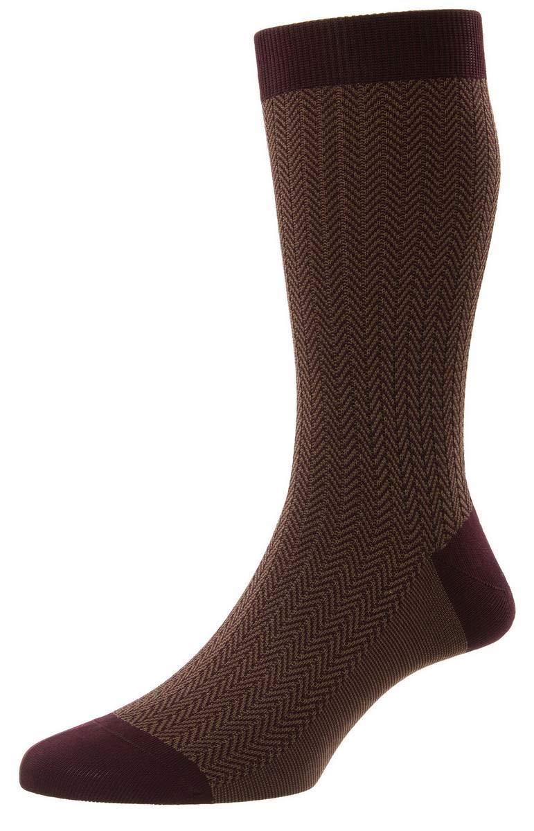Pantherella Mens Fabian Cotton Fil D'Ecosse Herringbone Socks - Burgundy - Small