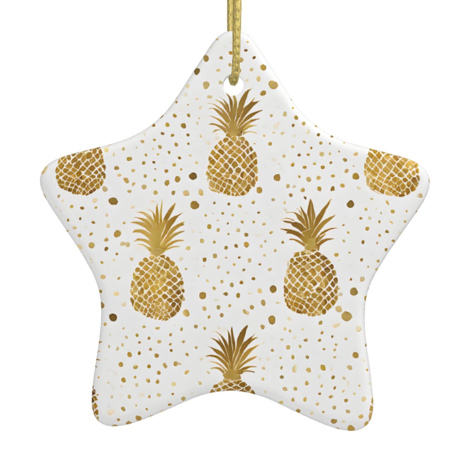 Gold Glitter Pineapples Fruit -Print Christmas Ceramic Star Ornaments, Handmade Customizable Holiday Decor For Home & Retail Tree Hanging, Gifts Set Of 1.