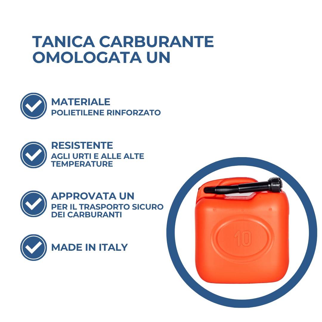 FERROELETTRA Tanica Carburante Omologata UN Polietilene Rinforzato 10 Litri con Beccuccio Flessibile per Benzina e Diesel Made in Italy