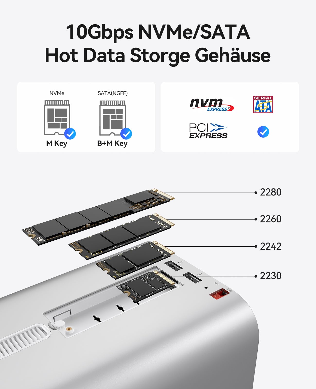 ORICO MiniTower Carcasa RAID de dos bahías con estación de acoplamiento hasta 56TB, HDD SATA de 2,5/3,5 pulgadas*2 / SSD NVMe*1, carcasa de aluminio, Hub USB C de 10Gbps para Mac mini, MacBook, Macs