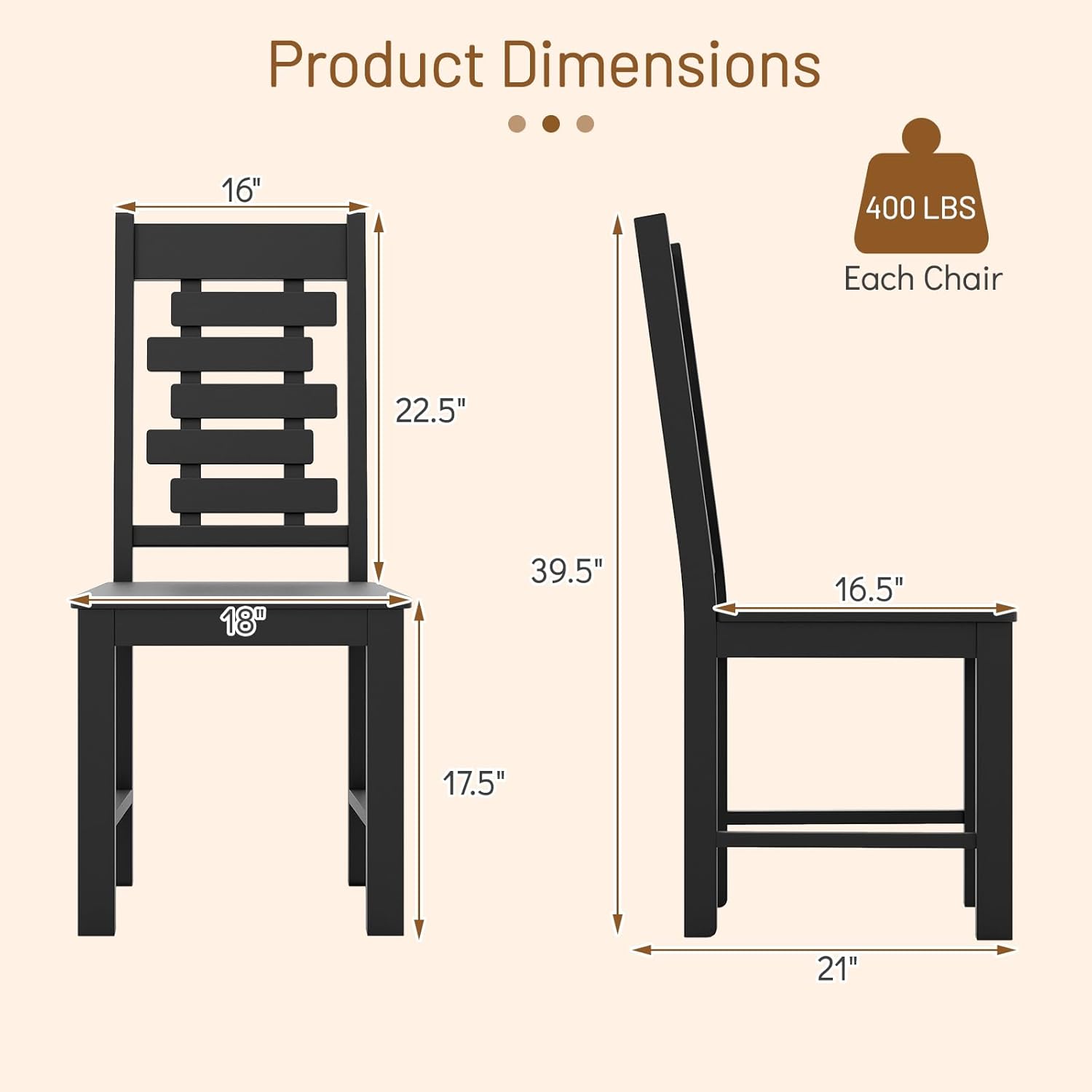 Giantex Wooden Dining Chairs Set of 2, 100% Solid Rubber Wood Kitchen Chair with High & Tilted Backrest, Wide Seat, Mid-Century Modern Side Armless Chairs for Dining Room Living Room, Black