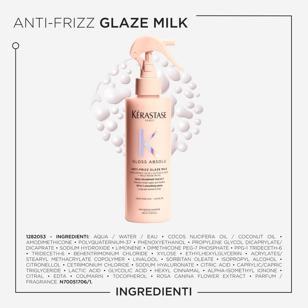 Kérastase, Gloss Absolu, Spray Multi-Beneficio per Capelli Crespi, Con Acido Glicolico, Acido Ialuronico e Olio di Rosa Canina, Anti-Frizz Glaze Milk, 190ml