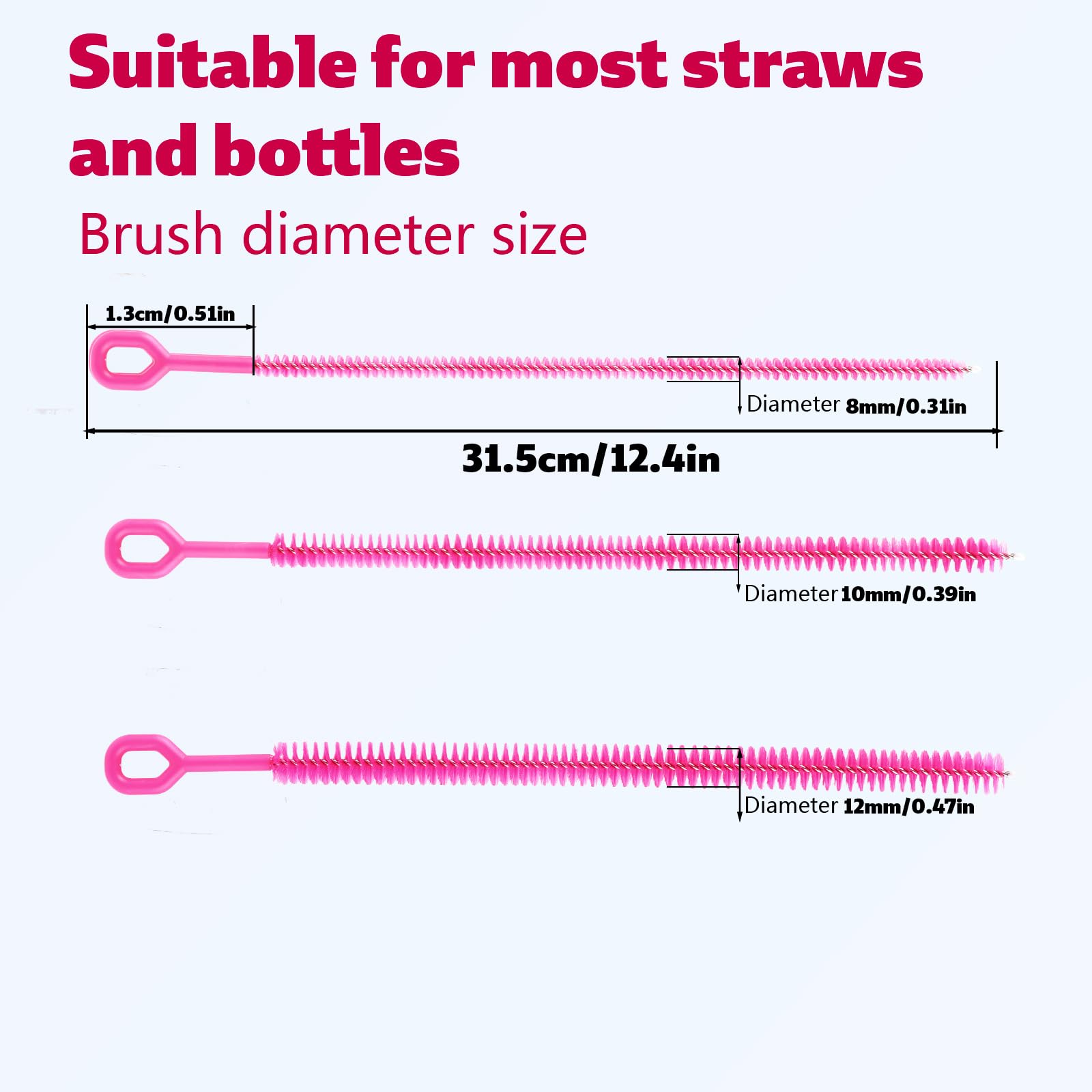 4pcs Straw Cleaner Brushes for Stanley 12.6in Extra Long 3 Sizes Full Bristles Coverage Reusable Drinking Straw Brush Cleaning Accessories for Water Bottle Tumblers Sippy Cup Tube (Rose Pink) - Image 2