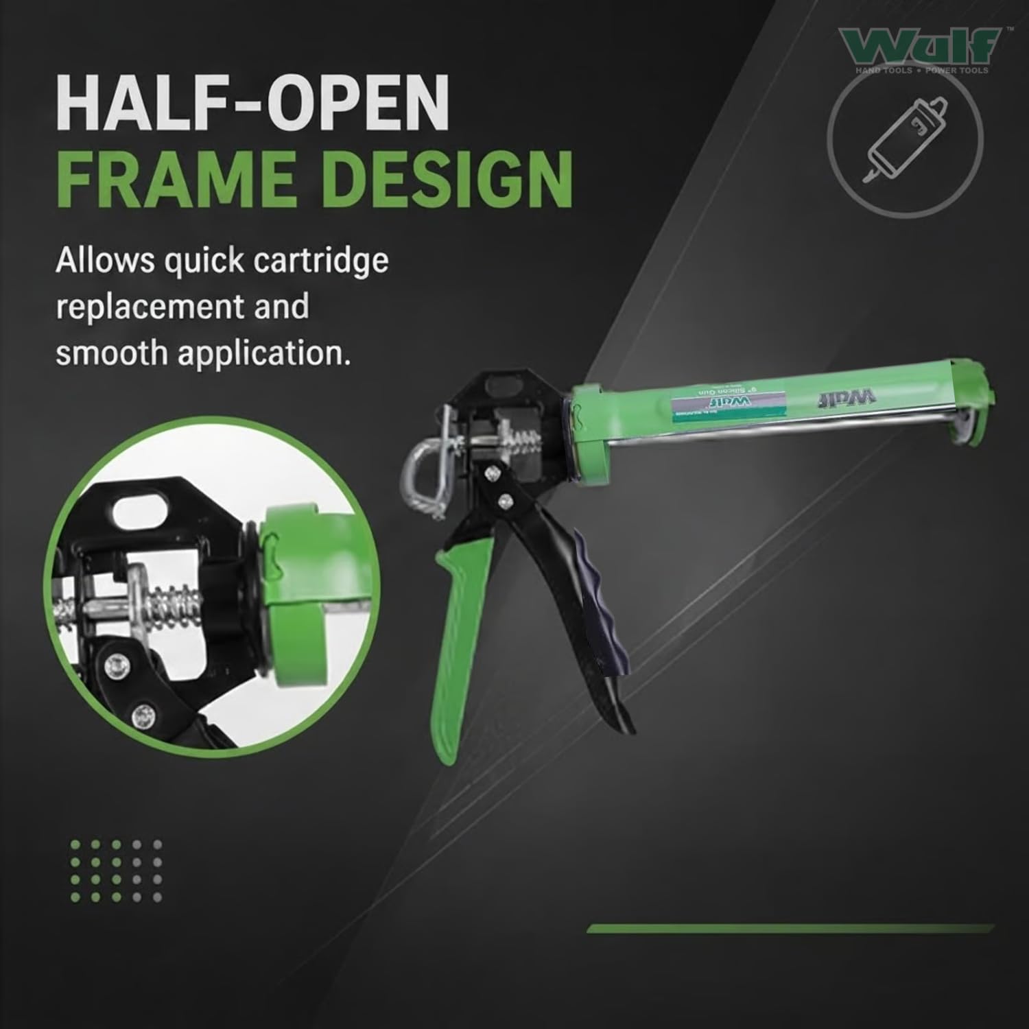 WULF 9 Inch Heavy Duty Silicone Sealant Gun | Steel Half-Open Caulking Gun for Standard Cartridges | Ideal for Bonding Glass, Metal, Ceramic & Wood | Smooth Trigger & Ergonomic Handle Design 1