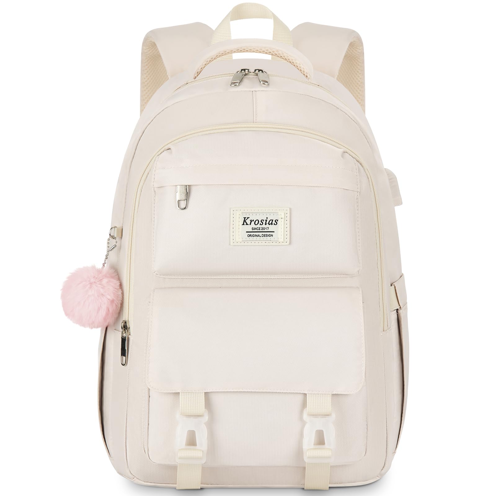 KROSIAS School Backpack for Girls Teens, Cute Aesthetic College Backpacks Large 15.6 Inch Laptop Bag Preppy Bookbag for Women Students Travel (Beige)