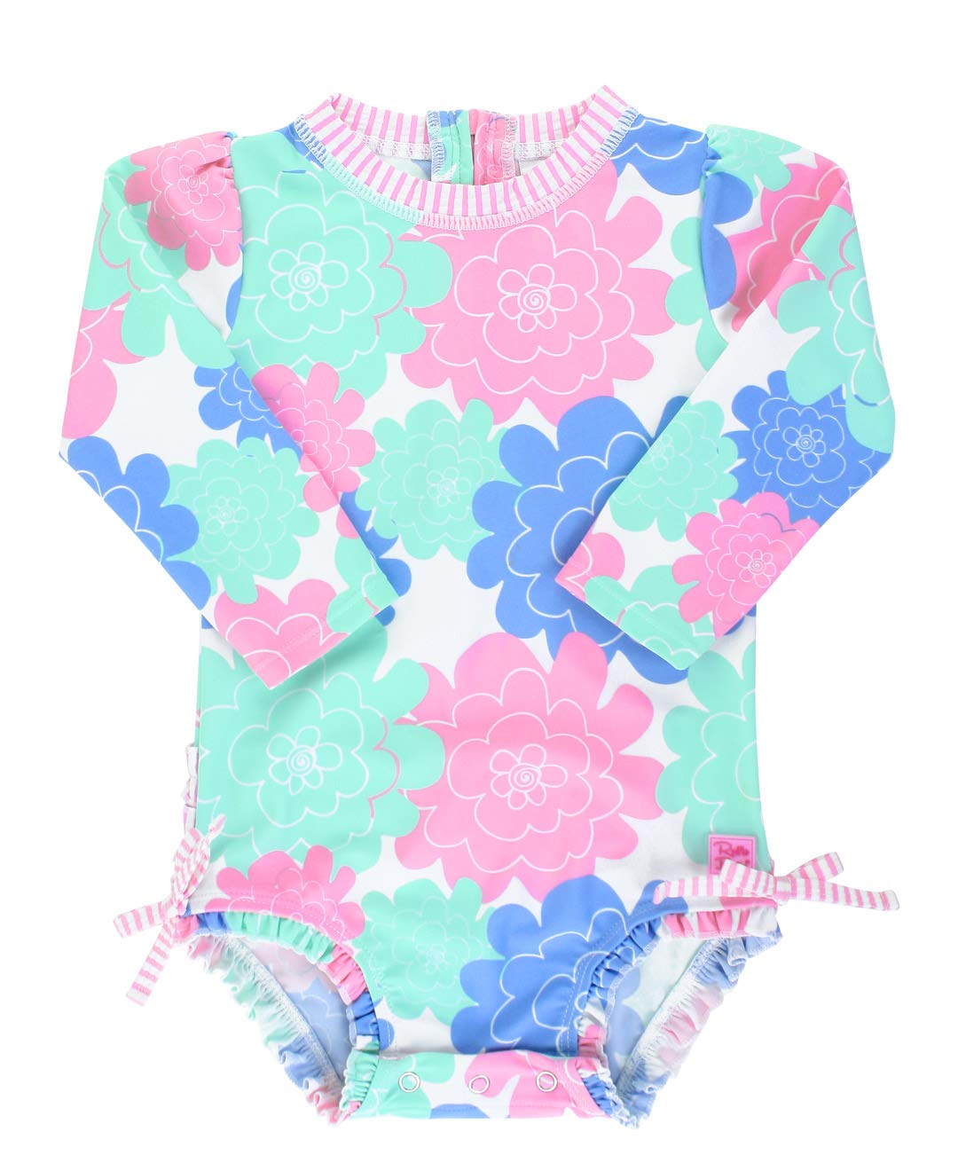 RuffleButts Baby Girls Novelty Baby One Piece - Rash Guard Swimsuit | 80% Nylon 20% Spandex, UPF 50+, Lightweight, Medium Stretch, Full Seat Coverage, Bottom Snaps, Unlined, Infant Beach Swim