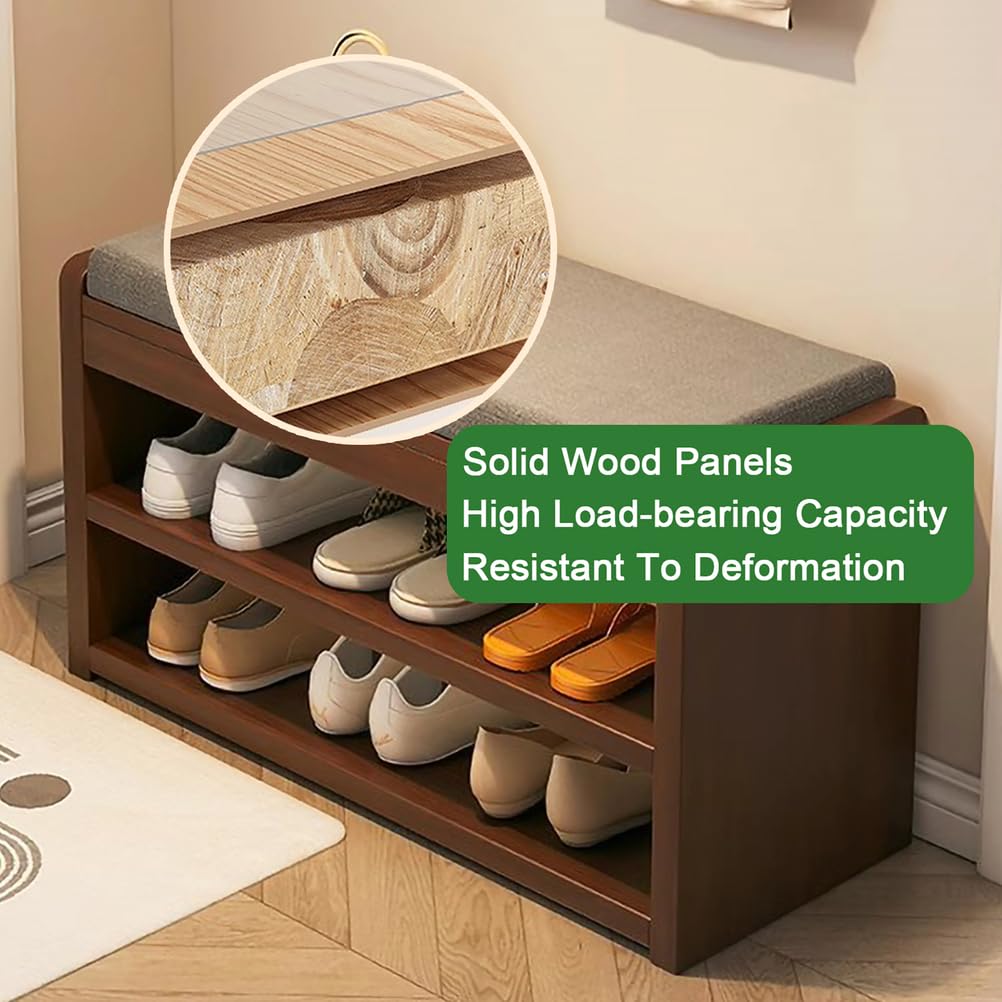 Bancos para Zapatos En La Entrada Estantes para Zapatos En El Pasillo con Cojín Taburetes De Dos Niveles con Espacio Bancos para Zapatos De Madera Maciza para El Salón,Natural,100×30×45.5cm