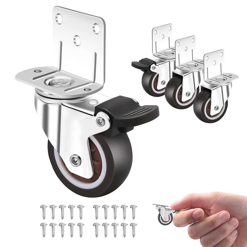 Side Mount Ruote,Ruote Set da 4 con Freno,L-Shape Piastra Piccolo Ruote per Mobili,Armadio Ruote,1.25in(L-Shape)