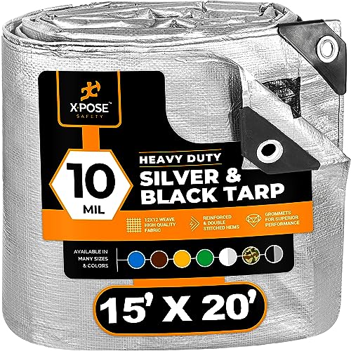 Heavy Duty Poly Tarp - 15' x 20' - 10 Mil Thick Waterproof, UV Blocking Protective Cover - Reversible Silver and Black - Laminated Coating - Grommets - by Xpose Safety by Xpose Safety - Used condition - US$31.85