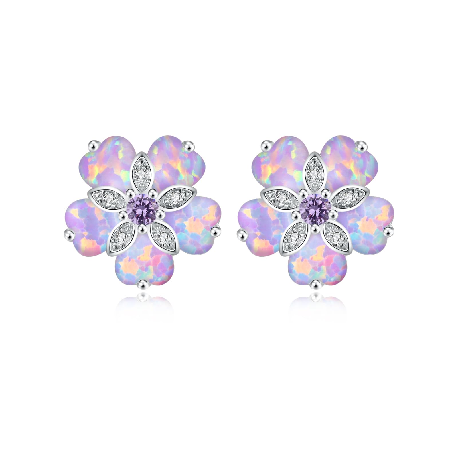 CiNilyWomens Flower Opal Stud Earrings,Ladies Rhodium Plated Hypoallergenic Jewelry Big Gemstone Earrings 15mm