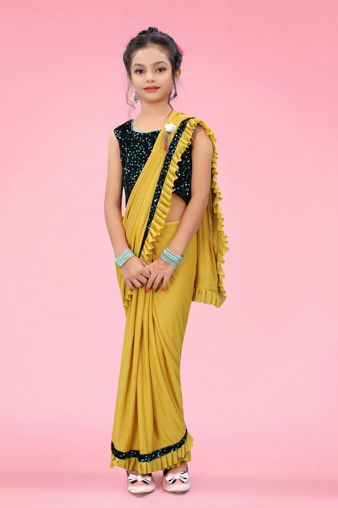 Dhyey fashion Girl's Lycra Blend Ruffle Saree and Velvet Unstitched Blouse Piece | Readymade Saree For Girls | Girl Ruffle Yellow Saree 6-7 Years M - Image 2 thumbnail