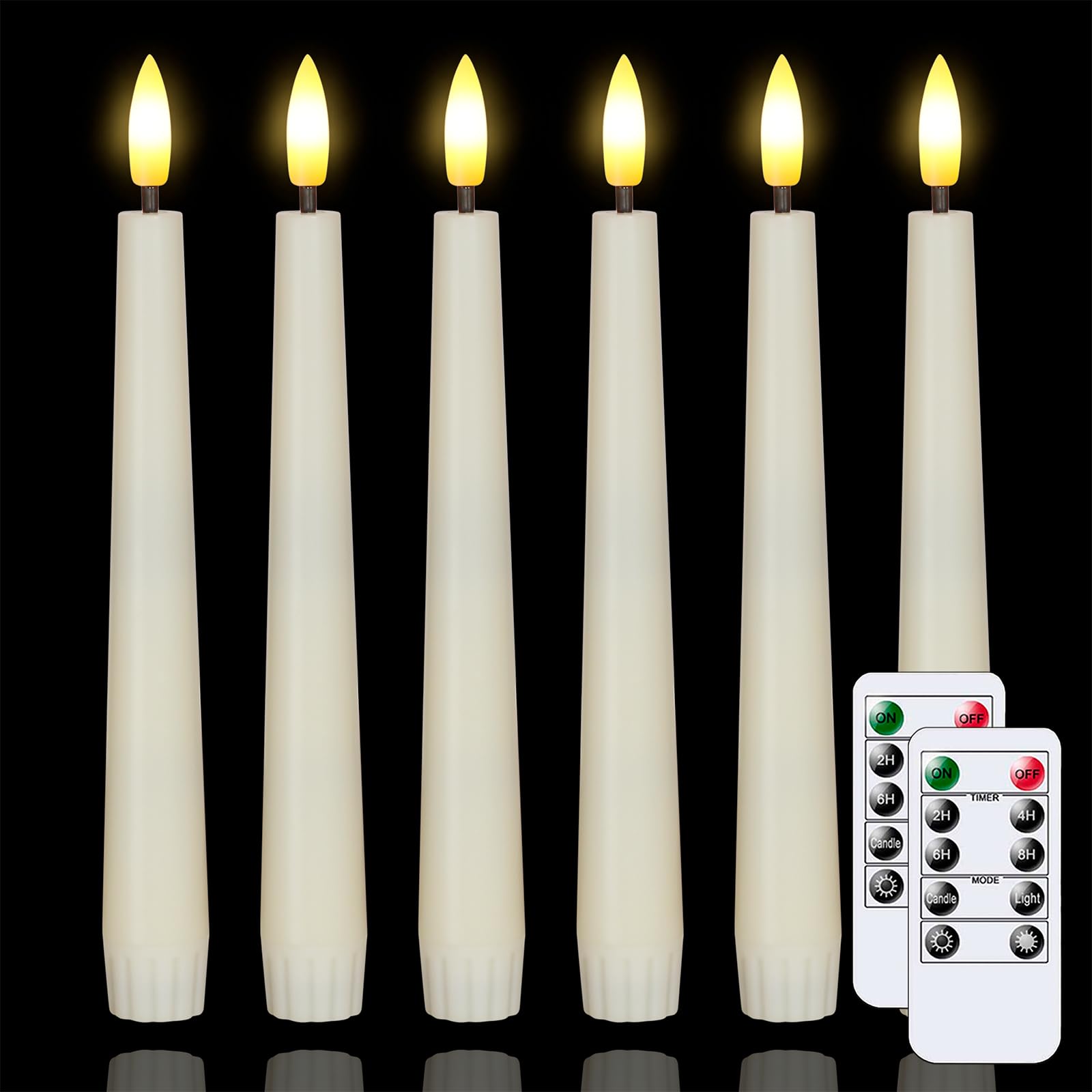 Świece stożkowe LED z funkcją timera i pilota, 20 cm, bez płomienia z efektem migotania, plastikowe, kremowe, elektryczne, sztuczne świece długie, opakowanie 6 sztuk